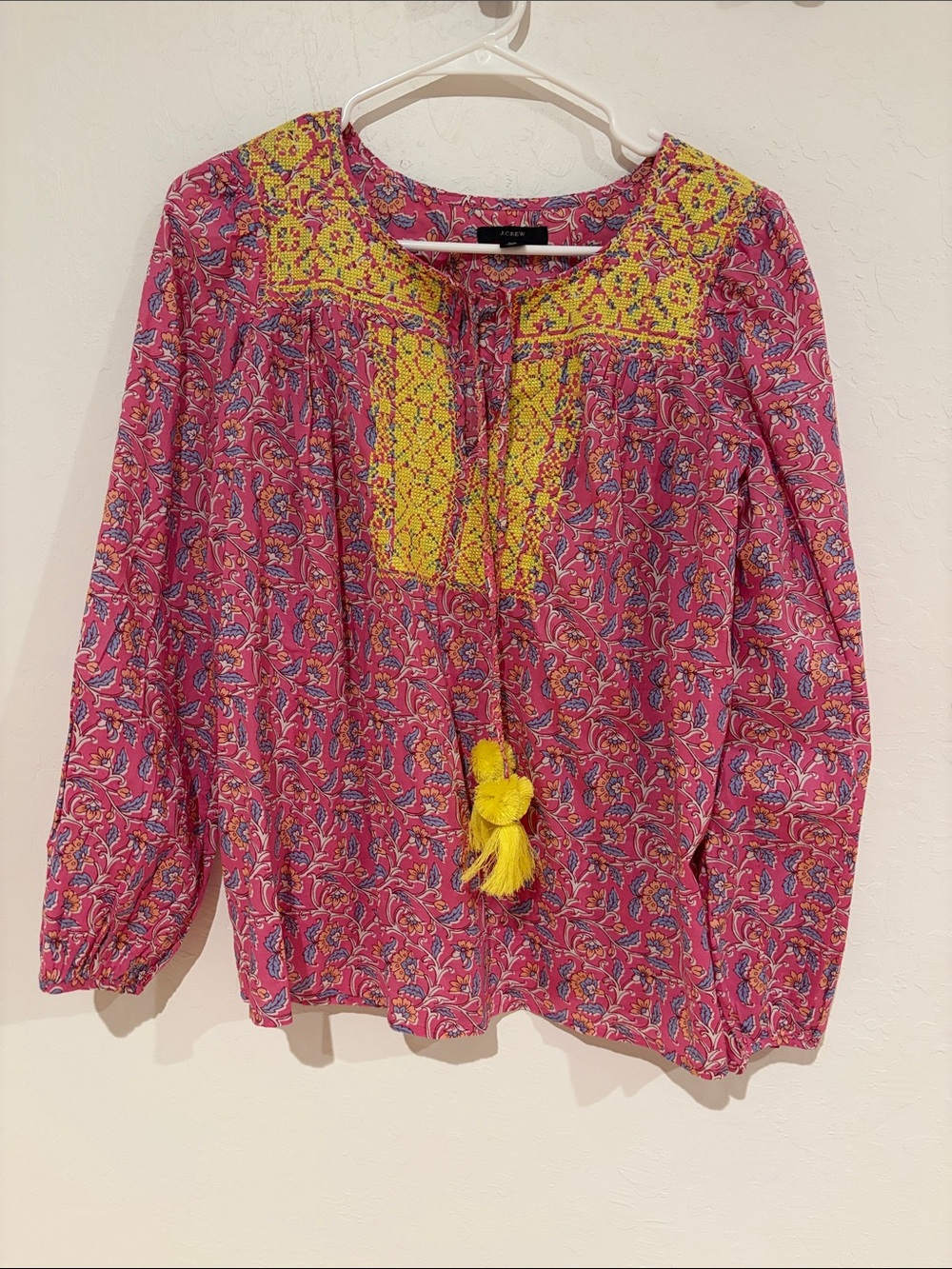 J. Crew Pink Paisley Peasant Top with Yellow Embroidery